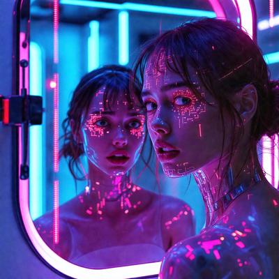 The primary subject of the image is a woman with a necklace, who is looking at her reflection in a mirror. The setting is a room with a pink glow, which adds a unique atmosphere to the scene. The visual style is a combination of a photo and digital art, creating a surreal and artistic effect. The colors and mood of the image are predominantly pink, which gives it a warm and inviting feel.